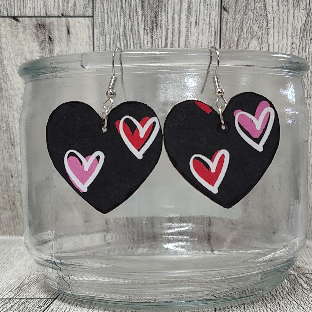 Heart-Shaped Black Earrings with Red and Pink Accents